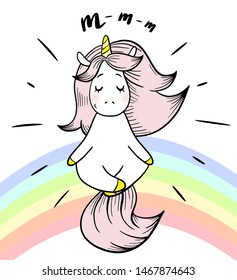Magic unicorn is relaxing and doing yoga. M-m-m lettering.