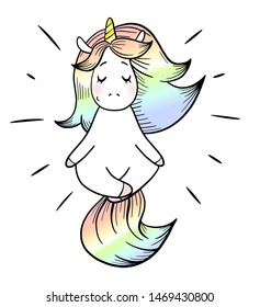 Magic unicorn is relaxing and doing yoga.
