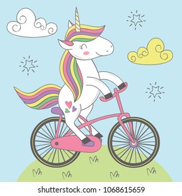 magic unicorn rides bicycle - vector illustration, eps