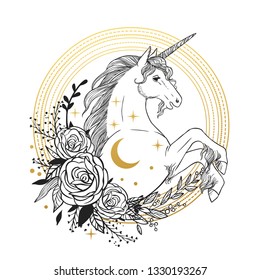 Magic unicorn with roses. Vector hand drawn illustration