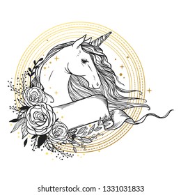 Magic unicorn with roses. Vector hand drawn illustration