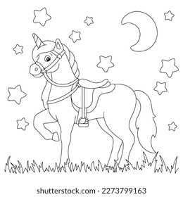 Magic unicorn with saddle and harness. Coloring book page for kids. Cartoon style character. Vector illustration isolated on white background.