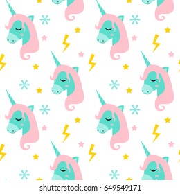 Magic Unicorn seamless pattern. Modern fairytale endless textures, magical repeating backgrounds. Cute baby backdrops. Vector illustration