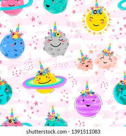 Magic Unicorn Seamless Pattern with Planets, Sun, Meteorite. Cute Planet Smiling Face with Unicorn Horn and Flower Crown. Space Vector Background for Kids t-shirt Print, Nursery Design, Birthday Party