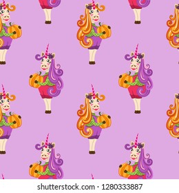 Magic unicorn seamless pattern.  Unicorn with purple long curly hair. 