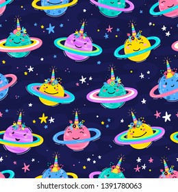 Magic Unicorn Seamless Pattern with Saturn Planets. Cute Saturn Planet Smiling Face with Unicorn Horn and Flower Crown. Space Vector Background for Kids t-shirt Print, Nursery Design, Birthday Party