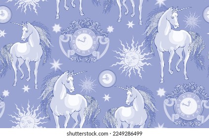 Magic Unicorn. Seamless pattern.  In style Toile de Jou. Suitable for fabric, mural, wrapping paper and the like. Will be well to look in the design of children's room - design curtains, wallpapers