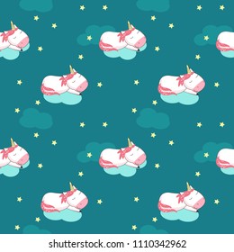 Magic unicorn seamless pattern. Vector hand drawn unicorns sleeping on clouds in night sky.