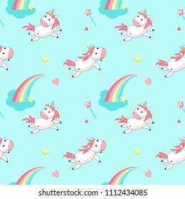 Magic unicorn seamless pattern. Vector hand drawn romantic unicorns and rainbows, clouds, hearts, magic wands, crowns.