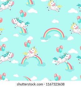 Magic unicorn seamless pattern. Vector hand drawn flying on balloons romantic unicorns with rainbows and clouds.