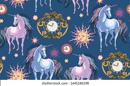 Magic Unicorn. Seamless pattern. Vector illustration. Suitable for fabric, wrapping paper and the like. Will be well to look in the design of children's room - design curtains, wallpapers, fabrics for