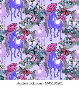 Magic Unicorn. Seamless pattern. Vector illustration. Suitable for fabric, wrapping paper and the like. Will be well to look in the design of children's room - design curtains, wallpapers, fabrics for