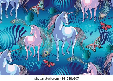 Magic Unicorn. Seamless pattern. Vector illustration. Suitable for fabric, wrapping paper and the like. Will be well to look in the design of children's room - design curtains, wallpapers, fabrics for