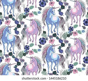 Magic Unicorn. Seamless pattern. Vector illustration. Suitable for fabric, wrapping paper and the like. Will be well to look in the design of children's room - design curtains, wallpapers, fabrics for