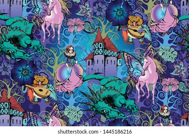 Magic Unicorn. Seamless pattern. Vector illustration. Suitable for fabric, wrapping paper and the like. Will be well to look in the design of children's room - design curtains, wallpapers, fabrics for