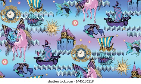 Magic Unicorn. Seamless pattern. Vector illustration. Suitable for fabric, wrapping paper and the like. Will be well to look in the design of children's room - design curtains, wallpapers, fabrics for