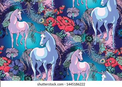 Magic Unicorn. Seamless pattern. Vector illustration. Suitable for fabric, wrapping paper and the like. Will be well to look in the design of children's room - design curtains, wallpapers, fabrics for