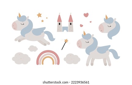 Magic Unicorn set. Good for baby shower invitations, birthday cards, stickers, prints etc. Vector illustration in cartoon style.