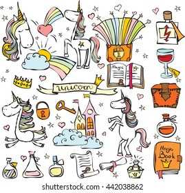 Magic unicorn set for greeting card design, t-shirt print, inspiration poster.