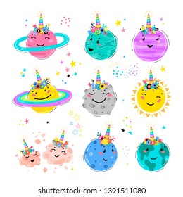 Magic Unicorn Set with Planets Solar System, Sun, Meteorite. Cute Planet Smiling Face with Unicorn Horn and Flower Crown. Space Vector Collection for Kids t-shirt Print, Nursery Design, Birthday Party