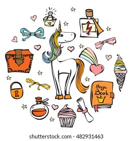 Magic unicorn set. Vector illustration for greeting card design, t-shirt print