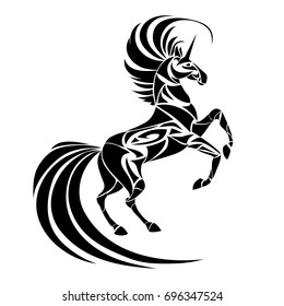 Magic unicorn silhouette. Ethnic design tattoo.  Fantasy mythology print for T-shirt and bags. Isolated