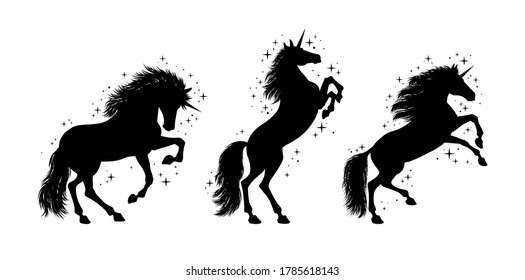 Magic Unicorn Silhouette. Horses Tattoo. Hand Drawn Vector Illustration.