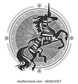 Magic unicorn silhouette with inspirational quote. Make your own magic. Abstract geometric mystical symbol.Tribal fantasy hipster print for t-shirt, tattoo design. Ethnic decor.