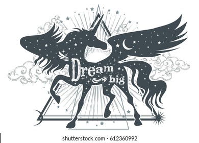 Magic unicorn silhouette with inspirational quote. Dream big. Abstract geometric mystical symbol.Tribal fantasy hipster print for t-shirt, tattoo design. Ethnic decor.