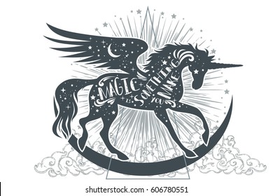 Magic unicorn silhouette with inspirational quote.Magic is something you make. Abstract geometric mystical symbol.Tribal fantasy hipster print for t-shirt, tattoo design. Ethnic decor. 