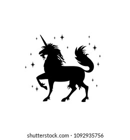 Magic unicorn silhouette, Stylish icons,vintage, background, horses tattoo. Hand drawn unicorn vector illustration, outline black.
