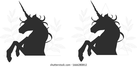 Magic unicorn silhouette, Stylish icons,vintage, background, horses tattoo. Hand drawn unicorn vector illustration, outline black.