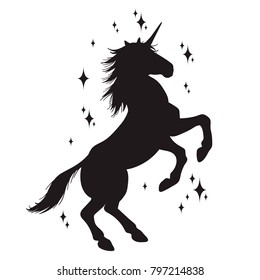 Magic unicorn silhouette, Stylish icons,vintage, background, horses tattoo. Hand drawn unicorn vector illustration, outline black.