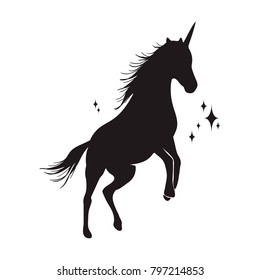 Magic unicorn silhouette, Stylish icons,vintage, background, horses tattoo. Hand drawn unicorn vector illustration, outline black.