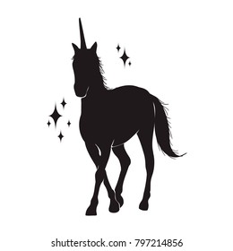 Magic unicorn silhouette, Stylish icons,vintage, background, horses tattoo. Hand drawn unicorn vector illustration, outline black.