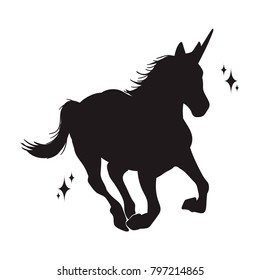 Magic unicorn silhouette, Stylish icons,vintage, background, horses tattoo. Hand drawn unicorn vector illustration, outline black.