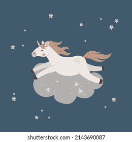 Magic unicorn sleep on cloud. Cute childish poster with fairytale animal and stars. Cartoon characters for birthday, invitation, card, kids cloth and nursery design.