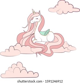 Magic Unicorn sleeps on pink clouds