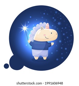 Magic unicorn with sparkle stars and magic wand. Cartoon character from sweet dreams.