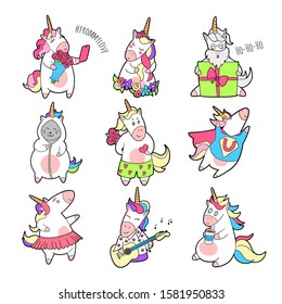 Magic unicorn stickers set. Trendy rainbow unicorn patches pack with  different emotions, different characters in costumes: in love, dream, sad, happy. Teenage pony icon set. Vector illustration.