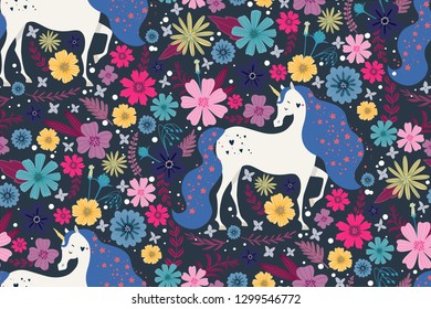 Magic unicorn surrounded by beautiful flowers. Seamless pattern. Illustration for children, for textiles.