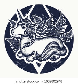 Magic unicorn tattoo art. Symbol of fantasy, dreams, souls 