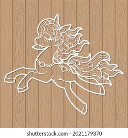 Magic unicorn. Template for laser cutting from any material. For children's design of jewelry, interior elements, decor, postcards and Vector etc. 