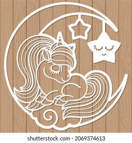 Magic unicorn. Template for laser cutting from any material. For children's design of jewelry, interior elements, decor, postcards and Vector etc.