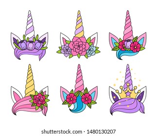 Magic unicorn tiaras set vector illustration. Multicolored fairy princess crowns with rainbow horns and hairstyles with flowers flat style concept. Isolated on white background