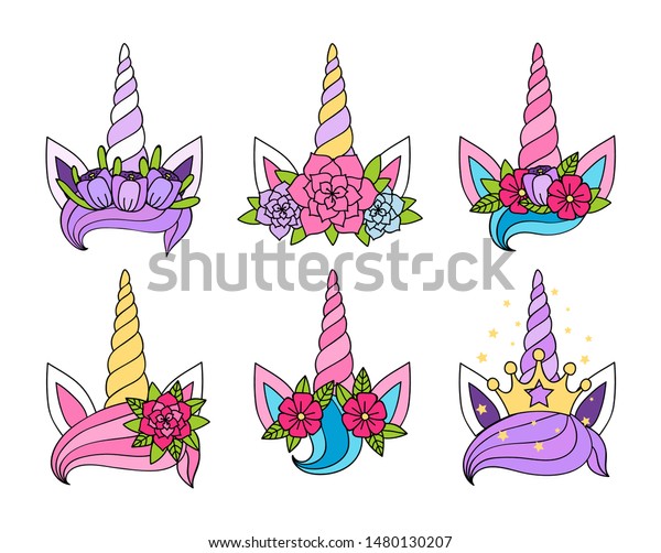 マジック ユニコーン ティアラセットベクターイラスト 多彩色のお姫様の王冠に虹の角 髪型に花の平らなコンセプト 白い背景に分離型 のベクター画像素材 ロイヤリティフリー