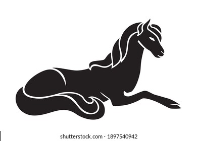 Magic unicorn. Vector animal illustration of foal, black silhouette of lying horse for tattoo isolated on white background.
