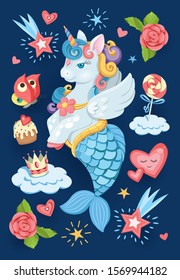 Magic unicorn vector illustration. Children's background unicorn. Magic unicorn cartoon. Animals cartoon. Unicorn Mermaid print design