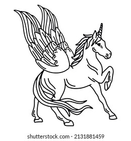 Magic unicorn vector illustration in doodle line. Stylish symbol, artwork, tattoo. Horse vector illustration in hand drawn style.