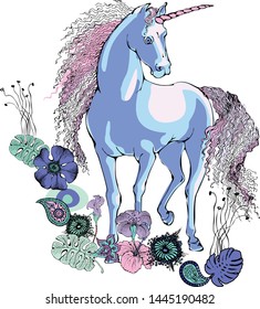 Magic Unicorn.  Vector illustration. Suitable for fabric, wrapping paper and the like. Will be well 